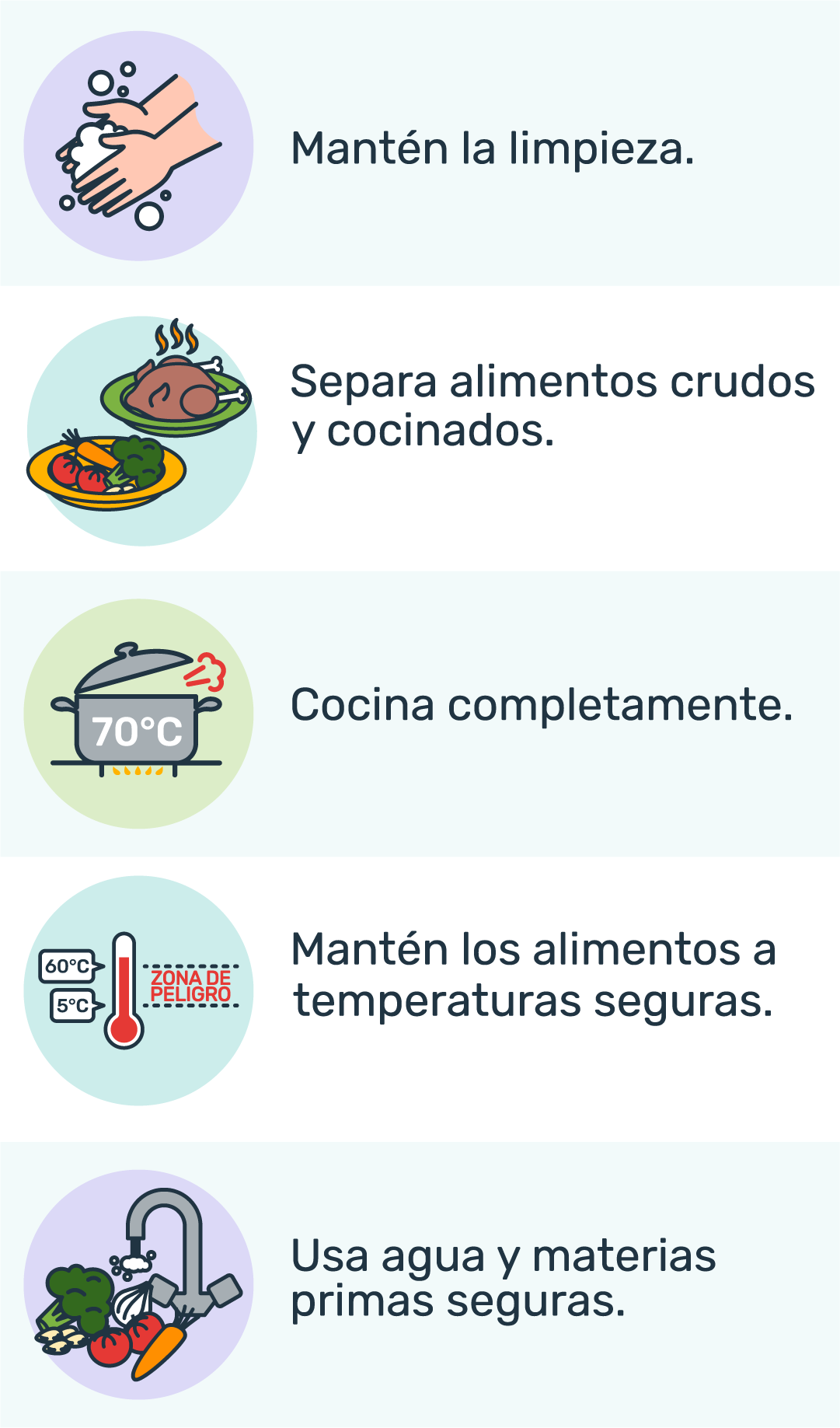 Infografía de las 5 claves para la inocuidad de los alimentos. Manipula tus alimentos de manera segura: 1.	Mantén la limpieza; 2.	Separa alimentos crudos y cocinados; 3.	Cocina completamente; 4.	Mantén los alimentos a temperaturas seguras; 5.	Usa agua y materias primas seguras