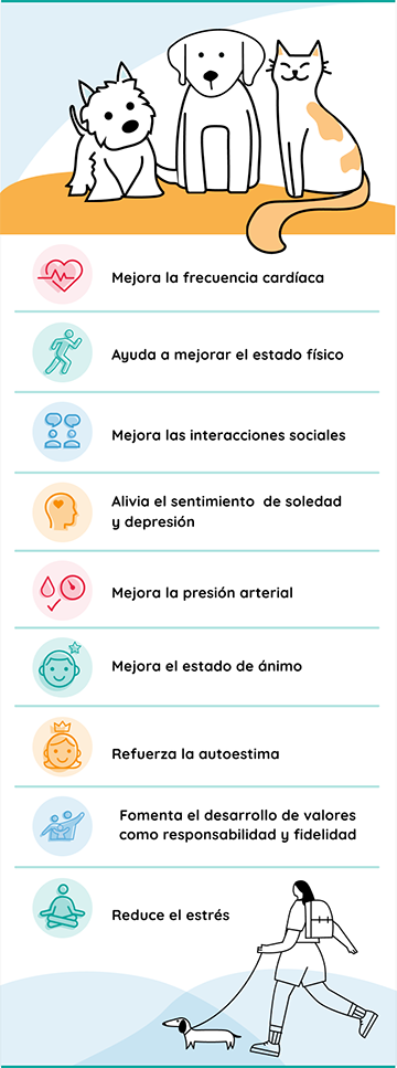 Beneficios de convivir con animales: Mejora la frecuencia cardíaca, Mejora la presión arterial,	Reduce el estrés, Ayuda a mejorar el estado físico,	Mejora las interacciones sociales, Refuerza la autoestima, Alivia el sentimiento de soledad y depresión, Fomenta el desarrollo de valores como responsabilidad y fidelidad