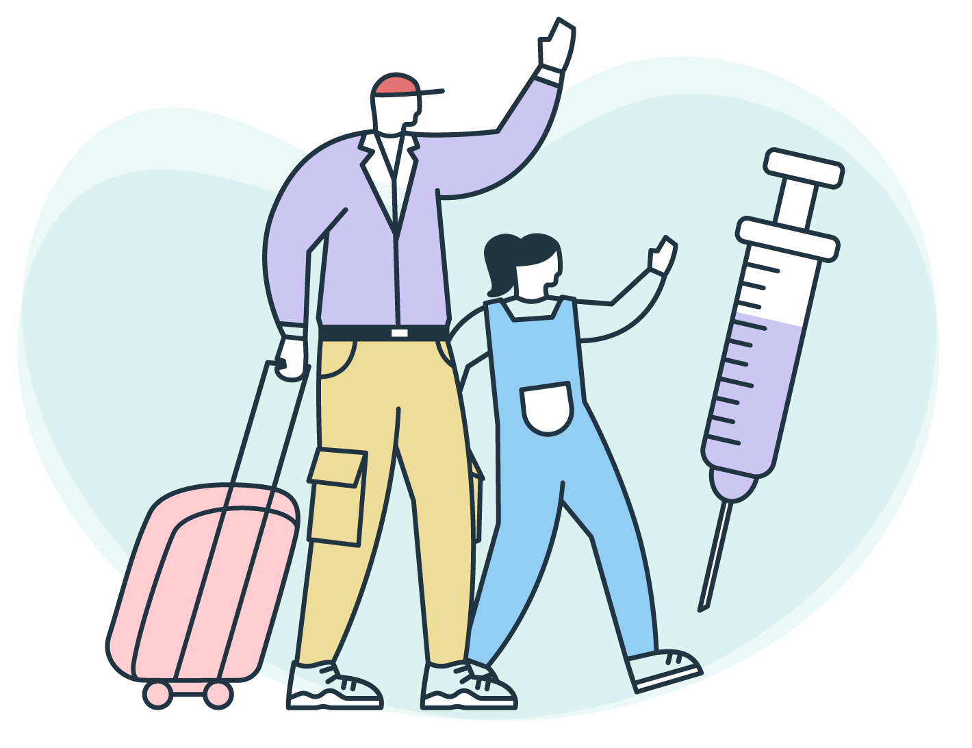 Icono adulto, niña, maleta y vacuna.