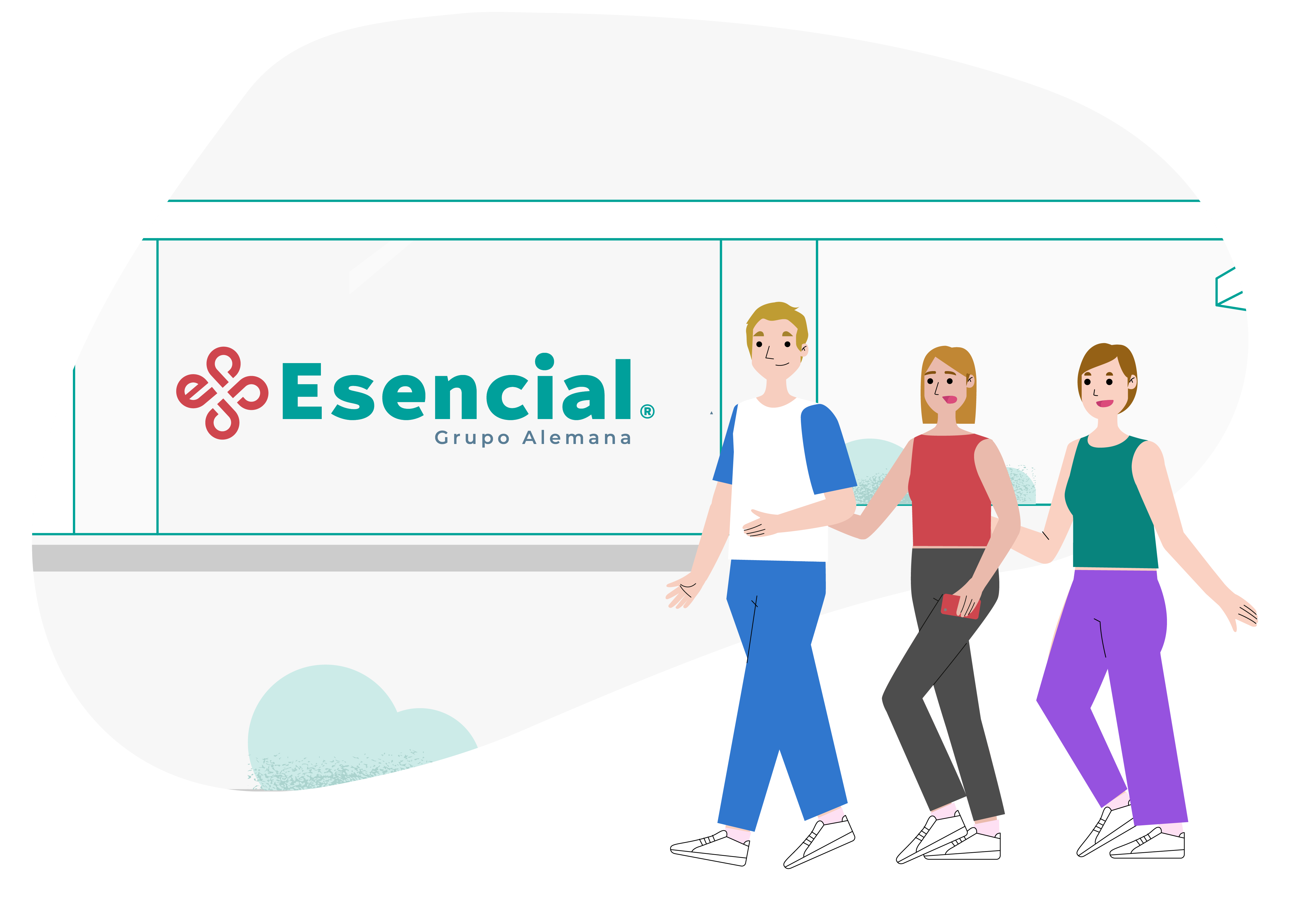 Ilustración de tres personas caminando, acercándose a un establecimiento que tiene el logo de Isapre Esencial en su vitrina.